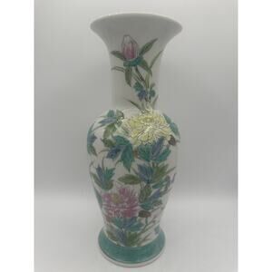Vintage Original LJ Japan Pink Blue Hand Painted 12.5” Floral MCM Art Deco Vase